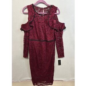 Thailia Sodi Sheath Dress Size 14‎ Lace Cold Shoulder Ruffle Trim Wine Burgundy